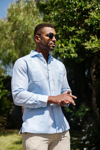 Mojito Men's 100% Linen Two-Pocket Design Guayabera Shirt Long Sleeve