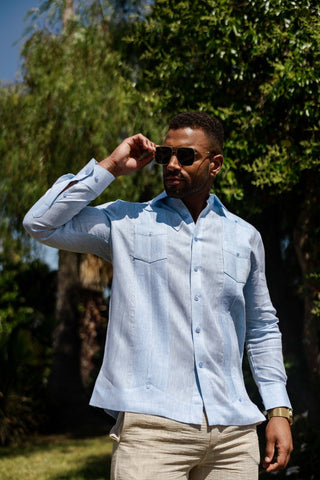 Mojito Men's 100% Linen Two-Pocket Design Guayabera Shirt Long Sleeve