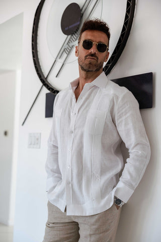 Mojito Men's 100% Linen Two-Pocket Design Guayabera Shirt Long Sleeve