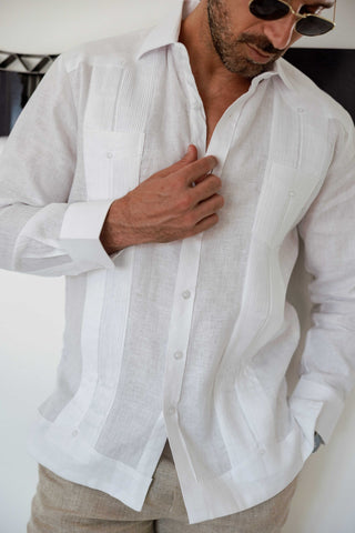 Mojito Men's 100% Linen Two-Pocket Design Guayabera Shirt Long Sleeve