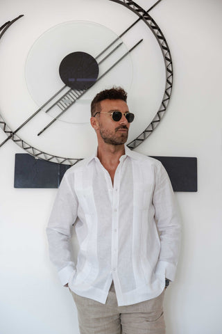 Mojito Men's 100% Linen Two-Pocket Design Guayabera Shirt Long Sleeve