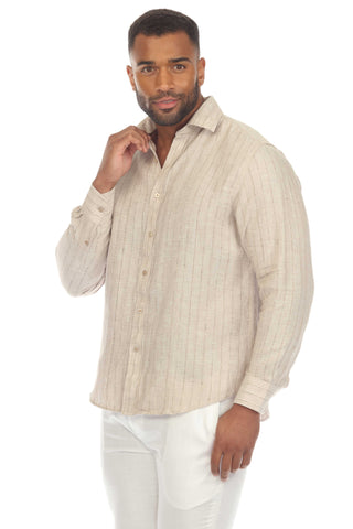 Mojito Men's Causal Pinstripe Shirt 100% Linen Long Sleeve Button Down