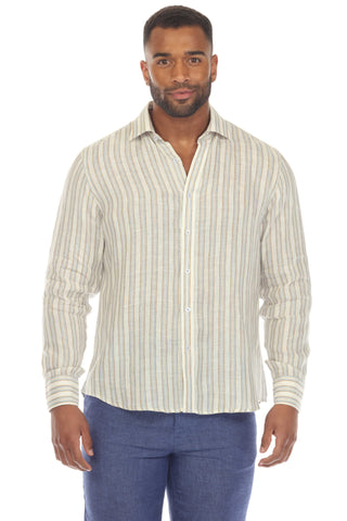 Mojito Men's Causal Pinstripe Shirt 100% Linen Long Sleeve Button Down