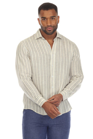 Mojito Men's Causal Pinstripe Shirt 100% Linen Long Sleeve Button Down