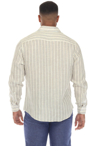 Mojito Men's Causal Pinstripe Shirt 100% Linen Long Sleeve Button Down