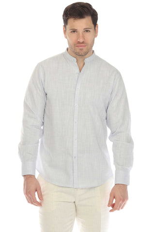 Mojito Men's Causal Mandarin Collar Pinstripe Shirt 100% Linen Long Sleeve Button Down