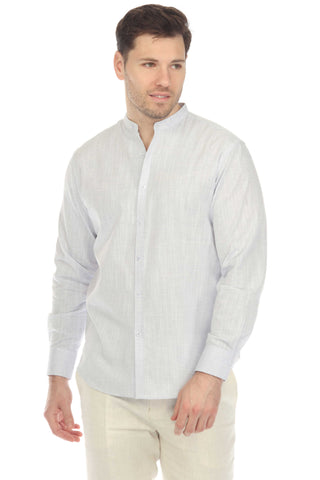 Mojito Men's Causal Mandarin Collar Pinstripe Shirt 100% Linen Long Sleeve Button Down