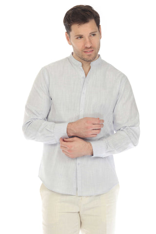 Mojito Men's Causal Mandarin Collar Pinstripe Shirt 100% Linen Long Sleeve Button Down