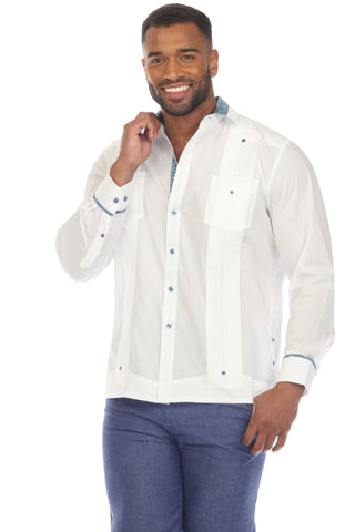 Mojito Men's Guayabera Chacabana Shirt Cotton Blend Long Sleeve with Contrast Accent Trim