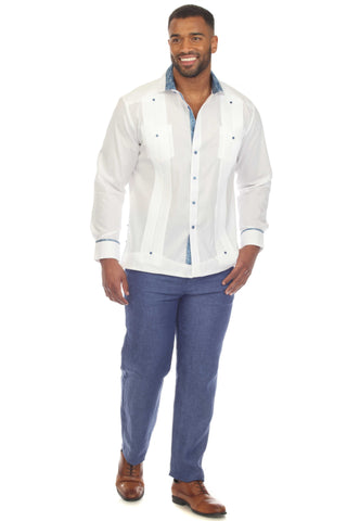 Mojito Men's Guayabera Chacabana Shirt Cotton Blend Long Sleeve with Contrast Accent Trim