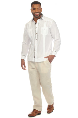 Mojito Men's Guayabera Chacabana Shirt Cotton Blend Long Sleeve with Contrast Accent Trim