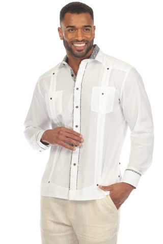 Mojito Men's Guayabera Chacabana Shirt Cotton Blend Long Sleeve with Contrast Accent Trim