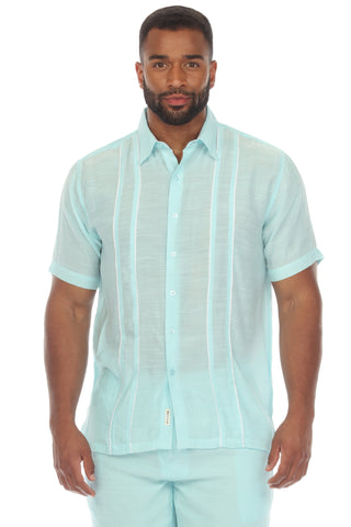 Mojito Men's Beach Button Down Shirt Pintuck Trim Contrast Short Sleeve