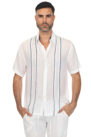 Mojito Men's Beach Button Down Shirt Pintuck Trim Contrast Short Sleeve