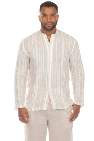 Mojito Men's Causal Beach Resort Wear Mandarin Collar Pinstripe Print Long Sleeve Linen Blend Button Down Shirt