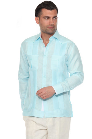 Mojito Men’s 100% Linen Long Sleeve Guayabera – Contrast Panel & Tonal Pleats