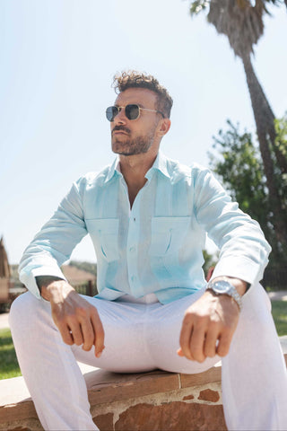 Mojito Men’s 100% Linen Long Sleeve Guayabera – Contrast Panel & Tonal Pleats