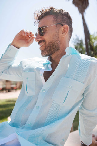 Mojito Men’s 100% Linen Long Sleeve Guayabera – Contrast Panel & Tonal Pleats