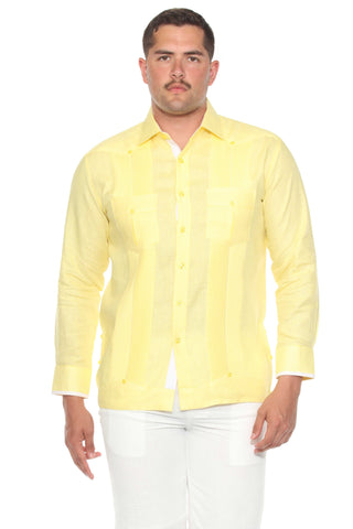 Mojito Men’s 100% Linen Long Sleeve Guayabera – Contrast Panel & Tonal Pleats