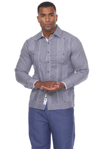 Mojito Collection Pinstripe 100% Linen Guayabera Shirt Long Sleeve