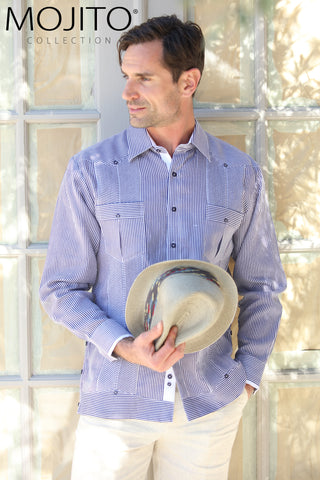 Mojito Collection Pinstripe 100% Linen Guayabera Shirt Long Sleeve