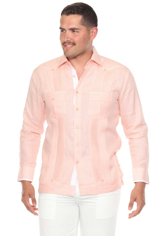 Mojito Men’s 100% Linen Long Sleeve Guayabera – Contrast Panel & Tonal Pleats