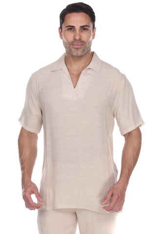 Men's V-Neck Beachwear Shirt with Subtle Floral Embroidery
