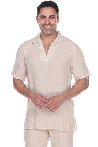 Men's V-Neck Beachwear Shirt with Subtle Floral Embroidery