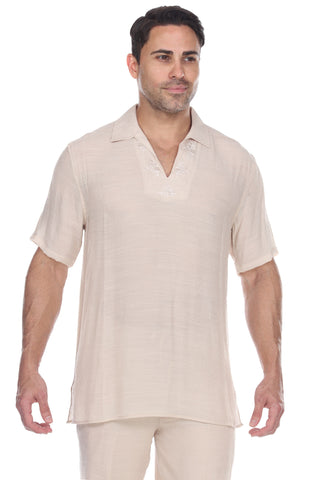 Men's V-Neck Beachwear Shirt with Subtle Floral Embroidery
