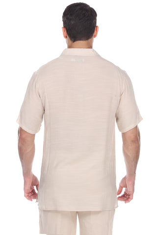 Men's V-Neck Beachwear Shirt with Subtle Floral Embroidery