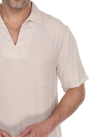 Men's V-Neck Beachwear Shirt with Subtle Floral Embroidery