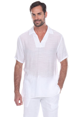 Men's V-Neck Beachwear Shirt with Subtle Floral Embroidery