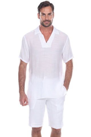 Men's V-Neck Beachwear Shirt with Subtle Floral Embroidery