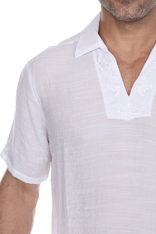 Men's V-Neck Beachwear Shirt with Subtle Floral Embroidery