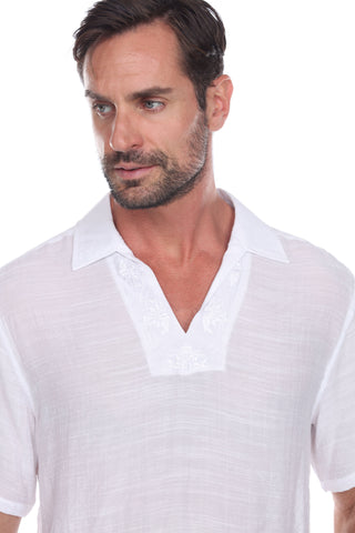 Men's V-Neck Beachwear Shirt with Subtle Floral Embroidery