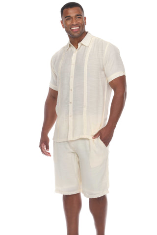Mojito Men's Beachwear Button Down Short Sleeve Shirt with Pintuck Pleats