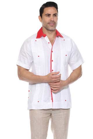 Mojito Men's 100% Linen Guayabera Chacabana Shirt Short Sleeve with Print Trim Accent