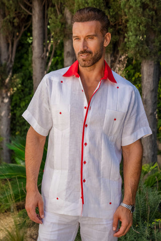 Mojito Men's 100% Linen Guayabera Chacabana Shirt Short Sleeve with Print Trim Accent