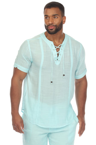 Mojito Men's Beachwear Henley Lace Up Shirt Short Sleeve