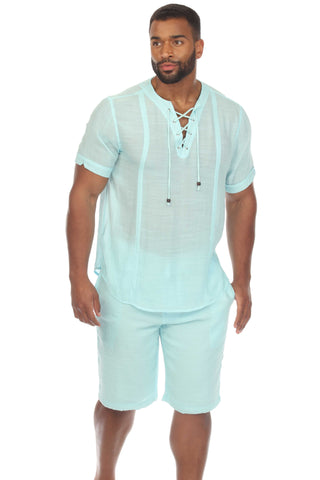 Mojito Men's Beachwear Henley Lace Up Shirt Short Sleeve