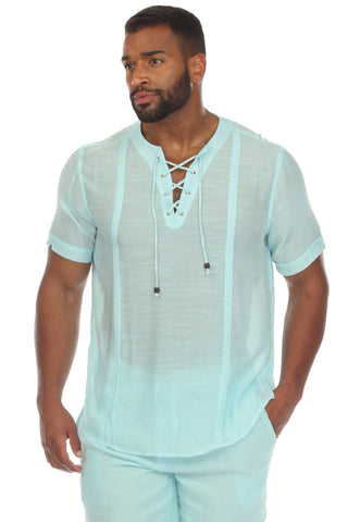 Mojito Men's Beachwear Henley Lace Up Shirt Short Sleeve