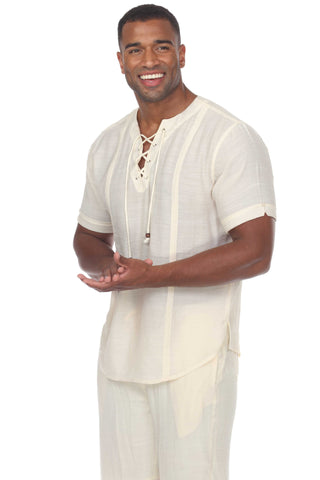 Mojito Men's Beachwear Henley Lace Up Shirt Short Sleeve