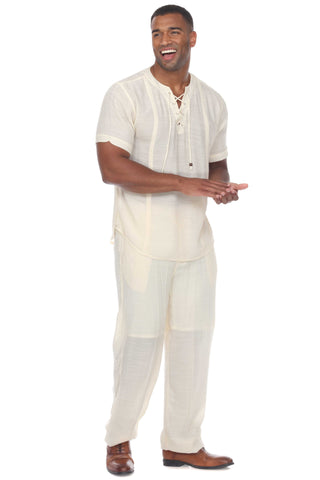 Mojito Men's Beachwear Henley Lace Up Shirt Short Sleeve
