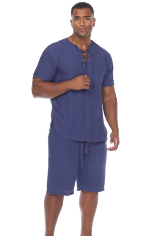Mojito Men's Beachwear Henley Lace Up Shirt Short Sleeve