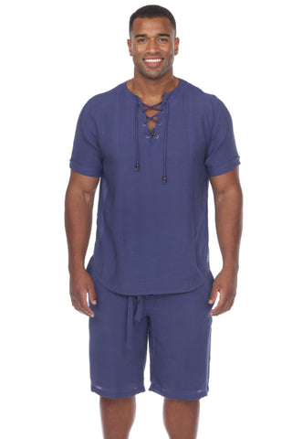 Mojito Men's Beachwear Henley Lace Up Shirt Short Sleeve