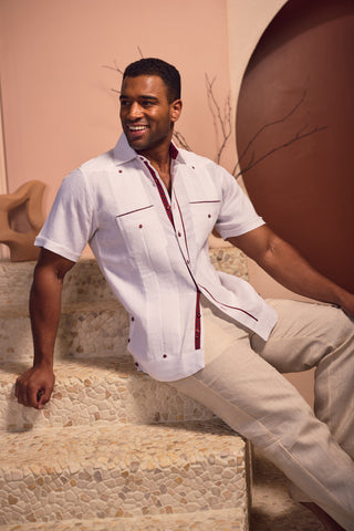Mojito Men's 100% Linen Guayabera Chacabana Shirt Short Sleeve with Print Trim Accent