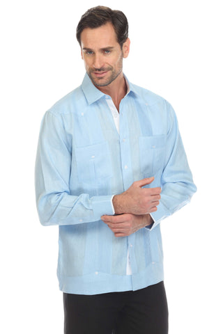 Mojito Men's 100% Linen Guayabera Chacabana Shirt Long Sleeve with Contrast Accent Trim