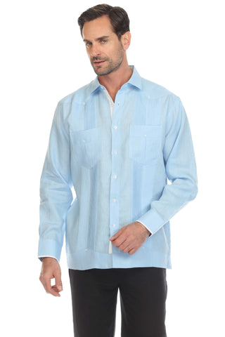 Mojito Men's 100% Linen Guayabera Chacabana Shirt Long Sleeve with Contrast Accent Trim