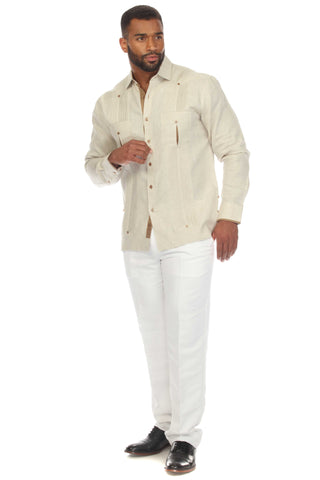 Mojito Men's 100% Linen Guayabera Chacabana Shirt Long Sleeve with Contrast Accent Trim