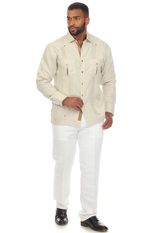 Mojito Men's 100% Linen Guayabera Chacabana Shirt Long Sleeve with Contrast Accent Trim